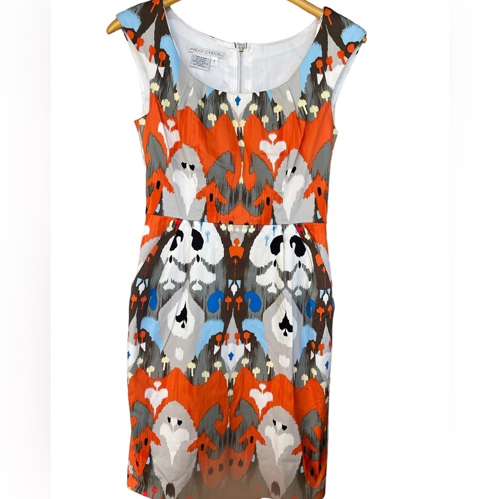 🧡🔥Maggy London beautiful Ikat print dress size 6 with cap sleeves. Gorgeous!